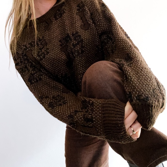 Vintage Brown J Print 1990s Knit Sweater • Beat for 8-12 - Picture 2 of 6